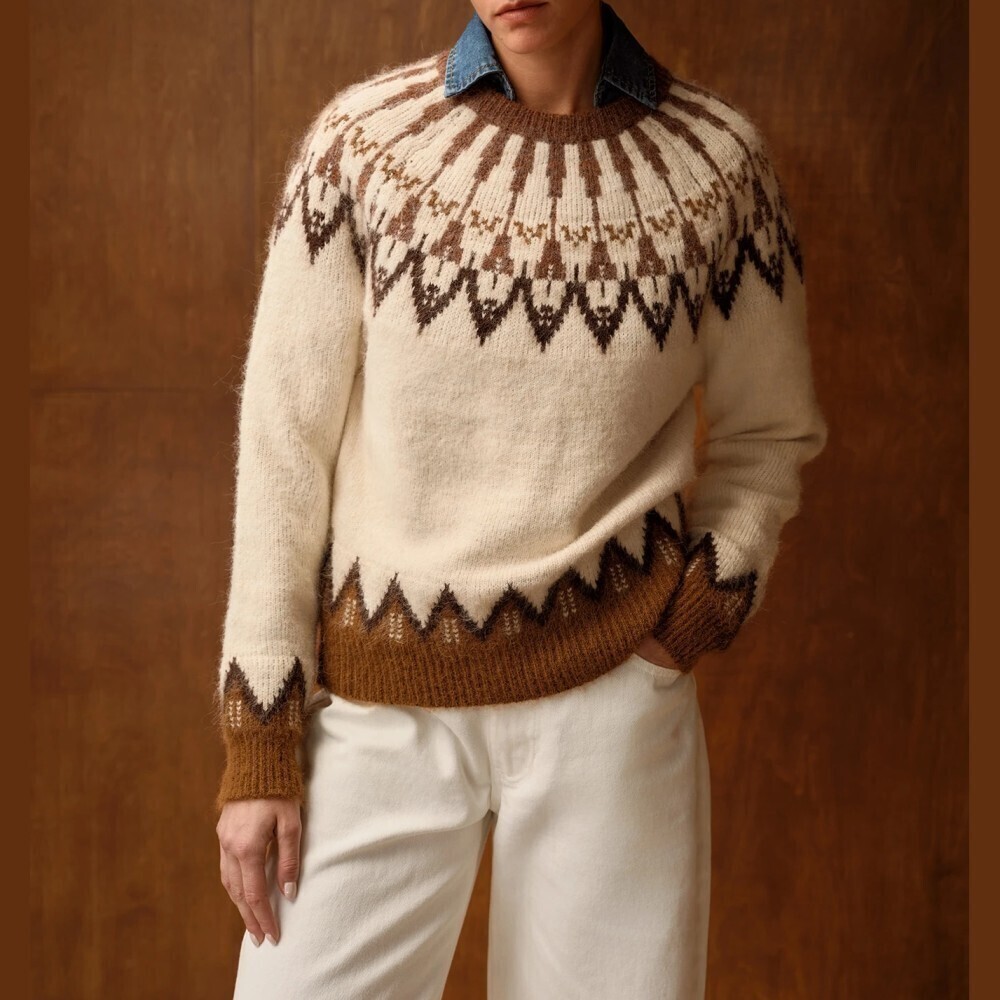 Cream Fair Isle Knit Round Neck Sweater with Brown Chevron Trim